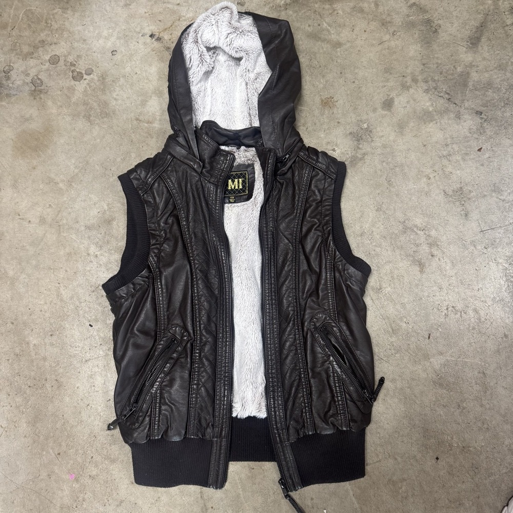 YMI Faux Leather Hooded Vest Medium Brown Faux Fur Lined Ribbed Trim